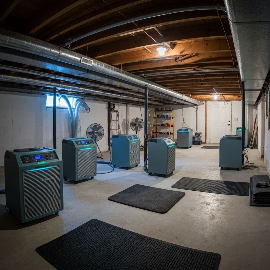 Commercial-grade industrial dehumidifiers and air movers in basement for water damage restoration